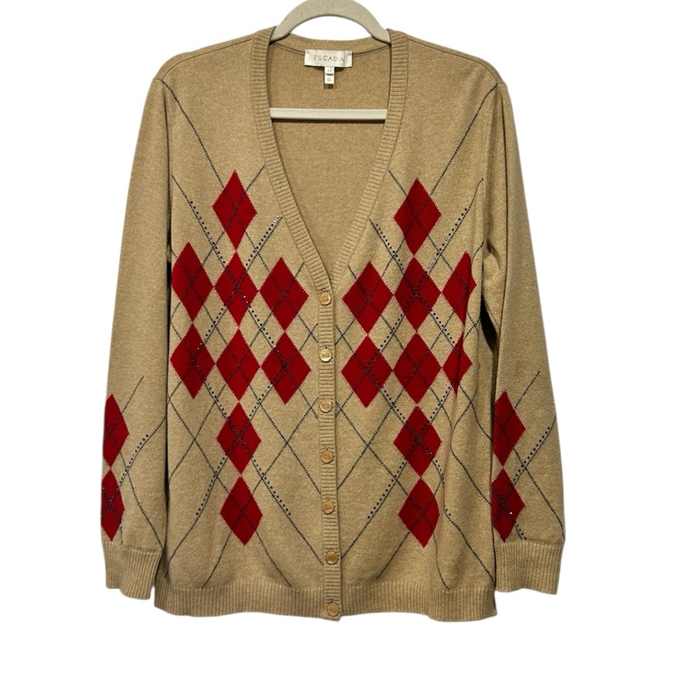 Escada Classic Argyle Cardigan Wool Cashmere Old Money Luxury Camel Red 44